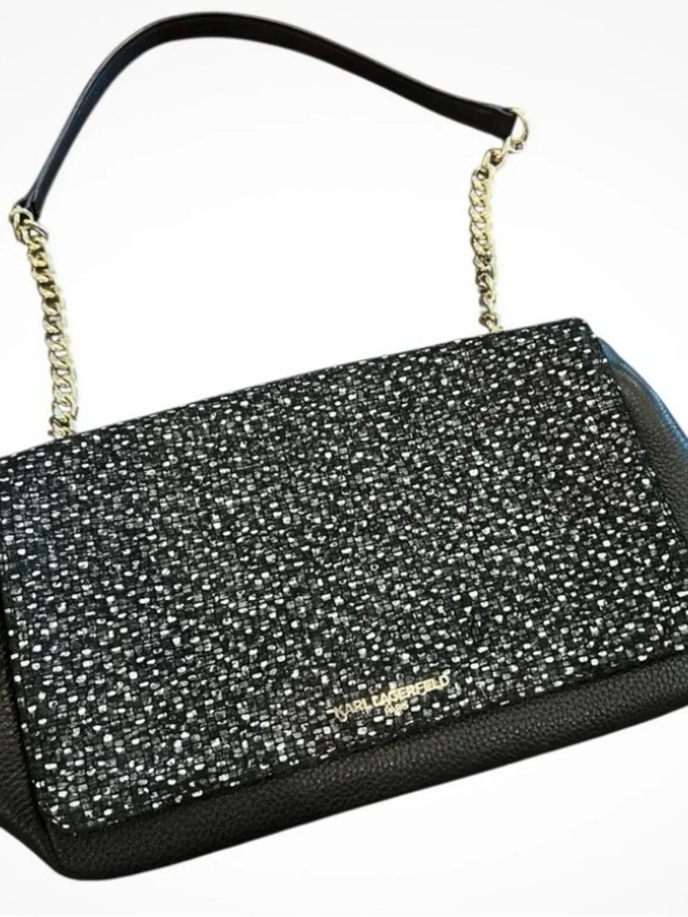 Karl Lagerfeld Black Tweed-Front Shoulder Bag with Gold Chain